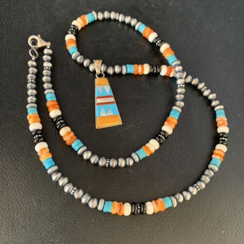 Navajo Multi-Color Turquoise Onyx Inlay Pendant Necklace | Sterling Silver | Authentic Native American Handmade | 13806