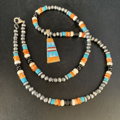 Navajo Multi-Color Turquoise Onyx Inlay Pendant Necklace | Sterling Silver | Authentic Native American Handmade | 13806