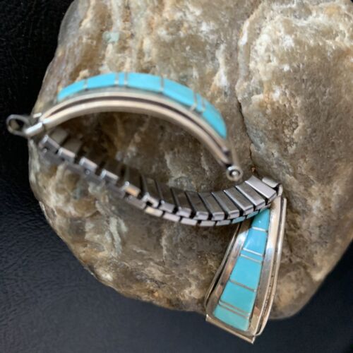 Navajo Sterling Silver Watch Tips with Blue Turquoise Inlay Band | Authentic Native American Jewelry | 13728