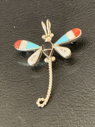 Zuni Turquoise White Mother of Pearl Inlay Dragonfly Necklace Pin Pendant | Sterling Silver | 12326