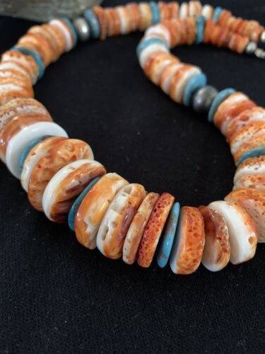 Authentic Native American Necklace | Orange Spiny Oyster & Turquoise | Navajo Pearls Sterling Silver | 20"