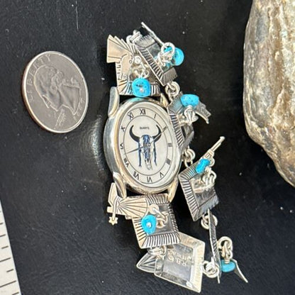 Authentic Navajo Men's Blue Turquoise Wristwatch | Sterling Silver Tips | Native American Jewelry | 14397
