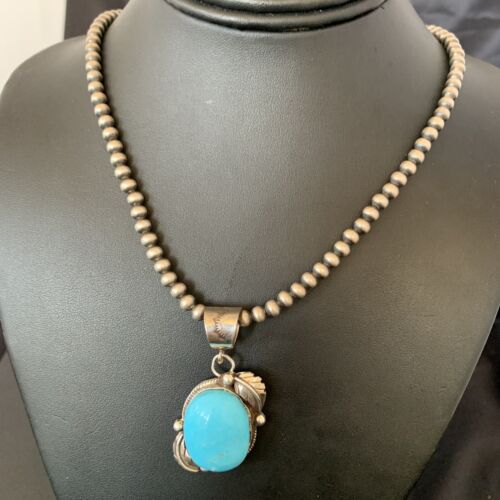 Women's Sterling Silver Blue Kingman Turquoise Necklace Pendant | Authentic Native American Handmade | 10898
