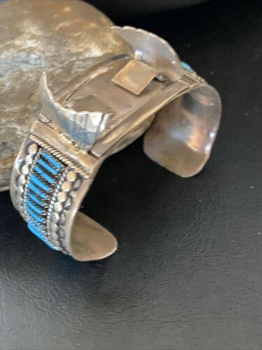 Authentic Native American Zuni Sterling Silver Watch Cuff Bracelet | Blue Turquoise Inlay Tips | 12332