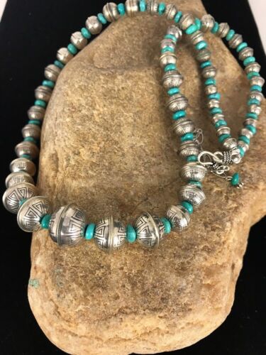 Navajo Pearls Turquoise Bead Necklace | Sterling Silver | 25" Single Strand | Southwestern | 00104