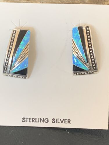 Navajo Turquoise Opal Onyx Inlay Earrings | Sterling Silver | Authentic Native American Handmade | 12115