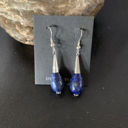 Navajo Lapis Lazuli Bead Dangle Earrings | Sterling Silver | 1" | Authentic Native American Handmade | 13330