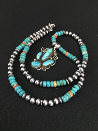 Navajo Blue Turquoise and Spiny Oyster Multi-Stone Pendant Necklace | Authentic Native American Sterling Silver | 21" | 4886 - Masha USA