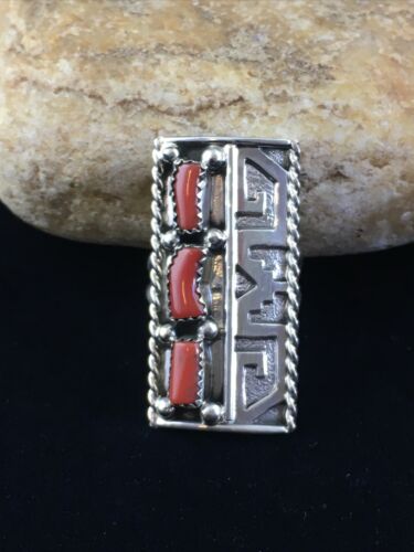 Native American Indian Navajo Red Coral Ring Sterling Silver Sz 9 10092