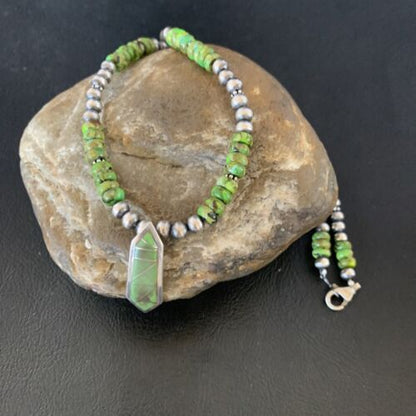 Navajo Green Gaspeite Turquoise Inlay Pendant | Sterling Silver | Authentic Native American Handmade | 13270