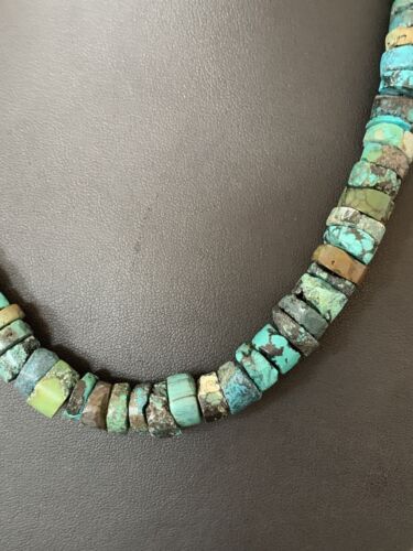 Rustic Turquoise Heishi Bead Necklace | 11mm | Navajo Sterling Silver | Authentic Native American Handmade | 17" | 639
