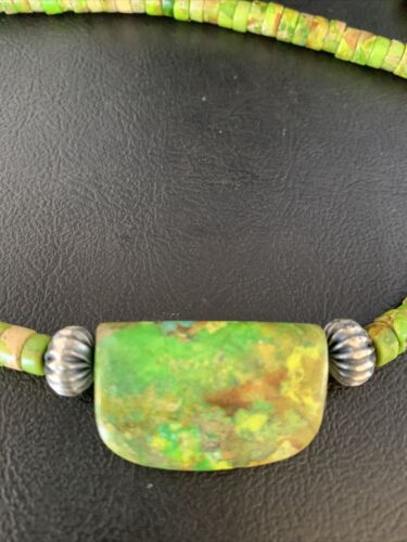 Navajo Green Gaspeite Turquoise Pendant | Sterling Silver | Authentic Native American Handmade | 13916