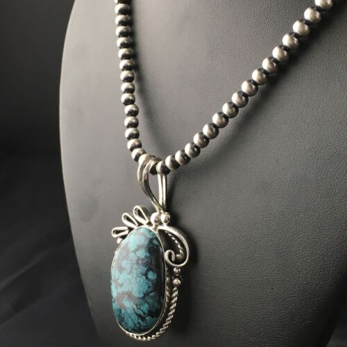 Navajo Pearls Sterling Silver Pendant with Blue Spiderweb Turquoise | 2.5" | Authentic Native American Handmade | 10164
