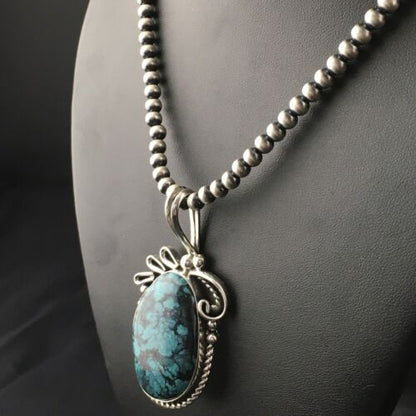 Navajo Pearls Sterling Silver Pendant with Blue Spiderweb Turquoise | 2.5" | Authentic Native American Handmade | 10164