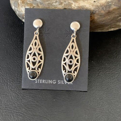 Navajo Black Onyx Drop Earrings | Sterling Silver | 1.25" | Authentic Native American Handmade | 12650