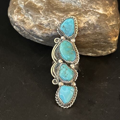 Navajo Blue Kingman Turquoise Cluster Ring | Authentic Native American Sterling Silver | Multi-Stone | Sz 8.5 | 14491