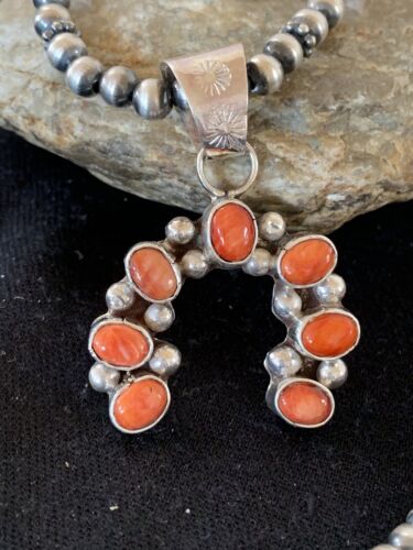 Navajo Red Spiny Oyster Naja Pendant | Sterling Silver Pearls | Authentic Native American Handmade | 140