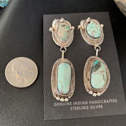 Navajo Blue Dry Creek Turquoise Post Dangle Earrings | Sterling Silver | Authentic Native American Handmade | 13875
