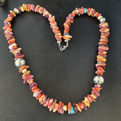 Navajo Multi-Color Spiny Oyster Necklace | Sterling Silver | 21" | Authentic Native American Handmade | 14306