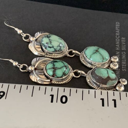 Navajo Green Spiderweb Turquoise Dangle Earrings | Sterling Silver | Authentic Native American Handmade | 13549