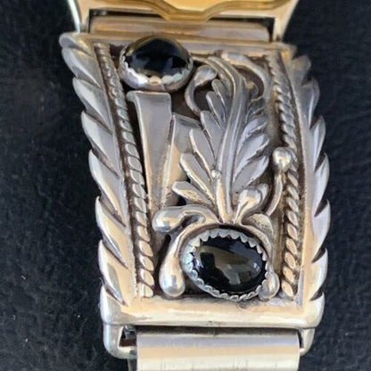 Authentic Native American Navajo Sterling Silver Watch Tips | Feather Design with Black Onyx Band | 14398