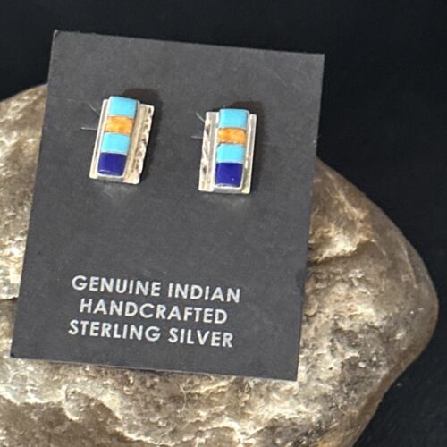 Navajo Multi-Color Turquoise Spiny Lapis Inlay Earrings | Sterling Silver | Authentic Native American Handmade | 14652