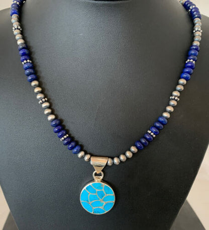 Navajo Sterling Silver Lapis Blue Turquoise Inlay Pendant Necklace | Authentic Native American Handmade | 1172