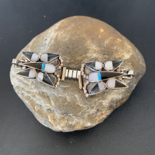 Navajo Sterling Silver Watch Tips | Old Pawn Turquoise Onyx Mother of Pearl Inlay | Authentic Native American Jewelry | 11929