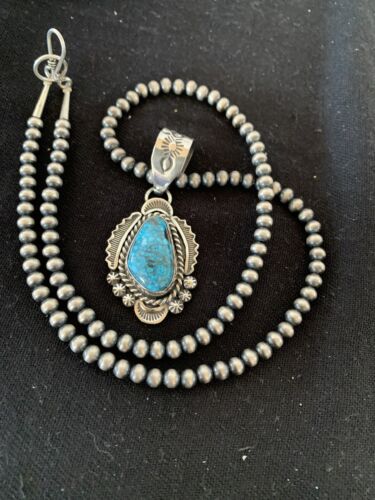 Navajo Spiderweb Kingman Turquoise Pendant Necklace | Sterling Silver | Authentic Native American Handmade | 688