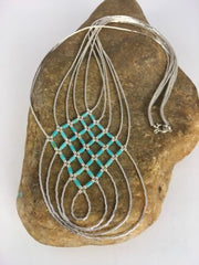 Turquoise Heishi Tubes Pendant | 5-Strand Liquid Sterling Silver Necklace | Authentic Native American Handmade | 8880