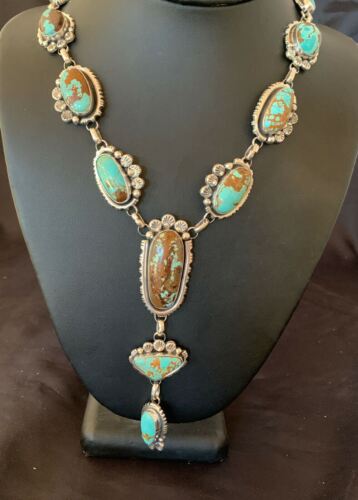 Navajo Blue Turquoise Lariat Necklace | Sterling Silver | Authentic Native American Handmade | 11468
