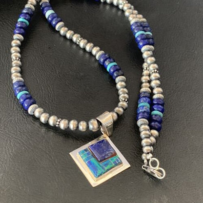 Men's Navajo Blue Lapis Turquoise Opal Inlay Pendant Necklace | Sterling Silver | 21" | 12607