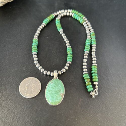 Navajo Green Turquoise Pendant Necklace | Sterling Silver | 21" | Authentic Native American Handmade | 14471