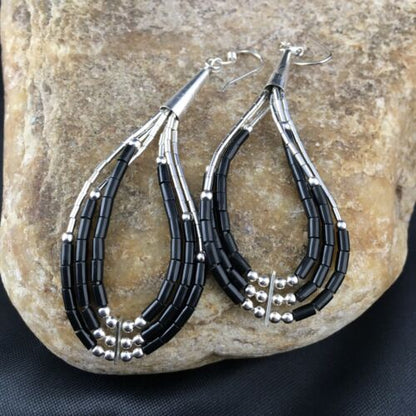 Handmade Liquid Sterling Silver Heishi Dangle Earrings | Black Onyx Tube | 2.25" | 2017