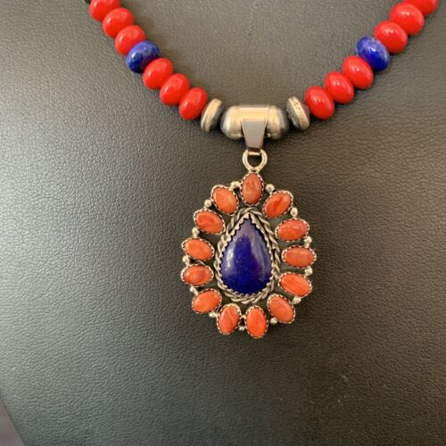 Navajo Red Stabilized Coral Lapis Necklace Cluster Pendant | Sterling Silver | Multi-Stone | 10633