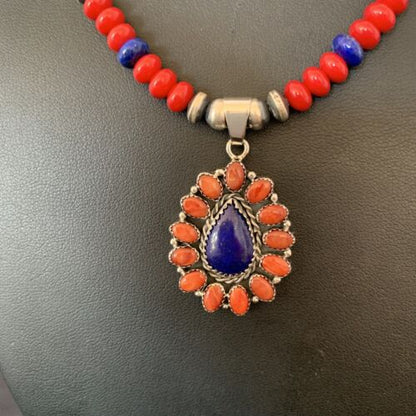 Navajo Red Stabilized Coral Lapis Necklace Cluster Pendant | Sterling Silver | Multi-Stone | 10633