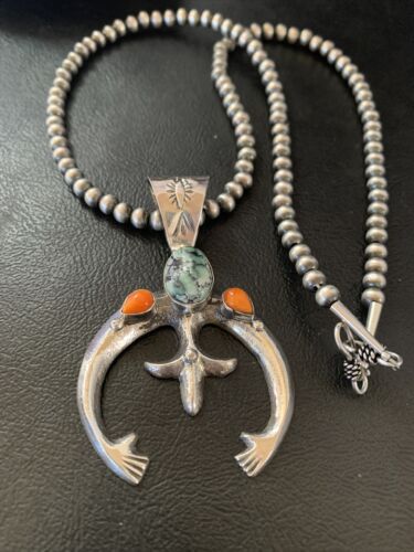Navajo Pearl Necklace with Green Turquoise & Spiny Oyster Naja Pendant | Sterling Silver | Authentic Native American Handmade | 11701