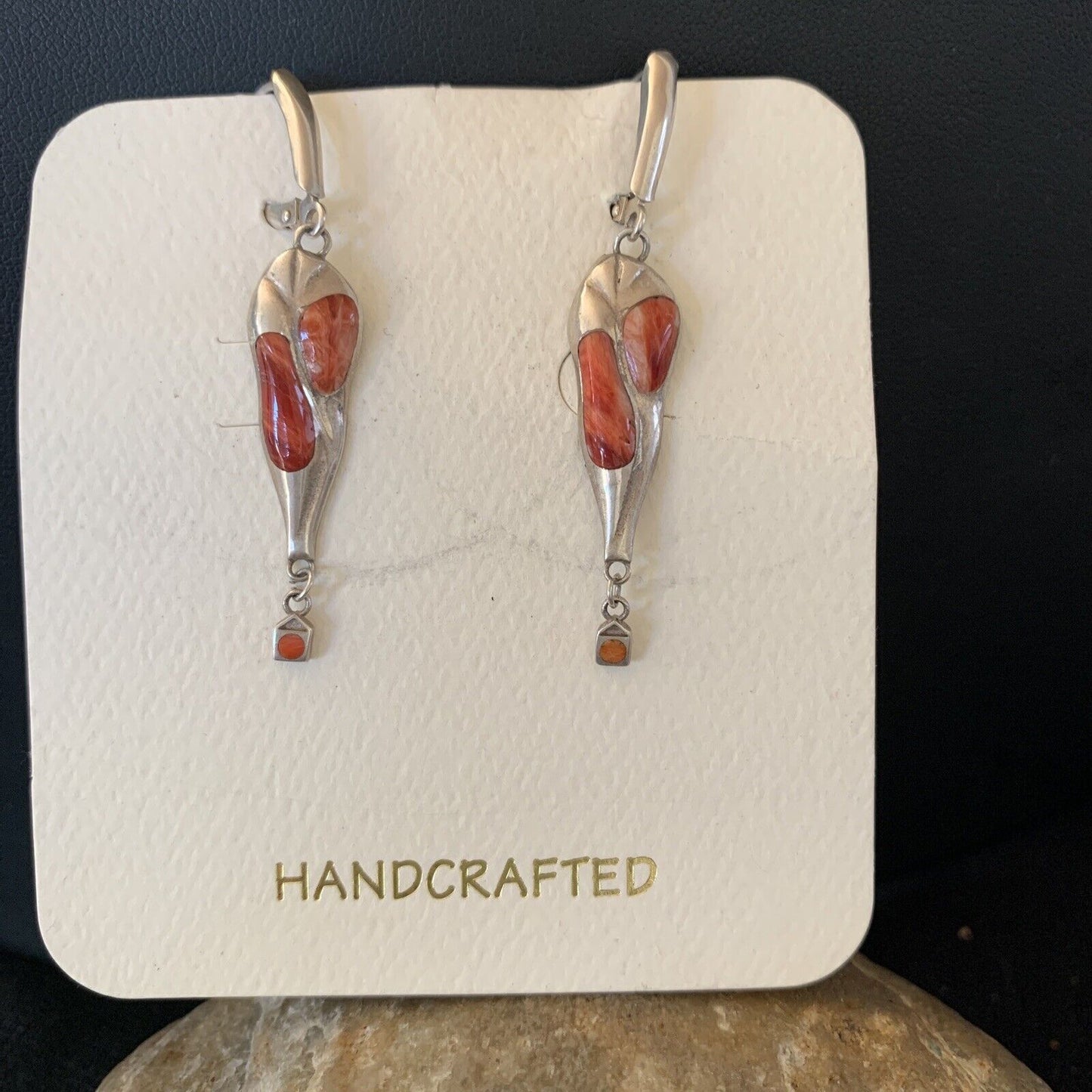 Navajo Red Spiny Oyster Inlay Earrings | Sterling Silver | 2" | Authentic Native American Handmade | 1520