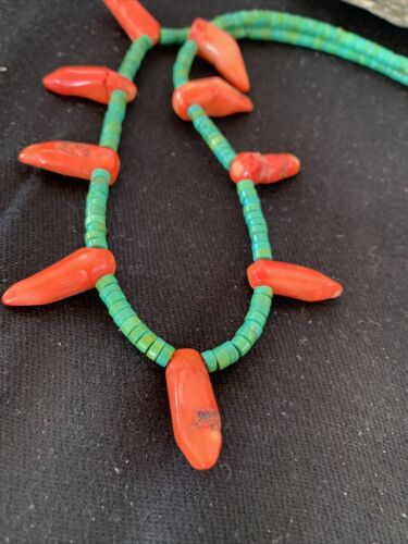Navajo Turquoise Coral Chili Pepper Necklace | 20" | Sterling Silver Beads | Southwestern | 00828