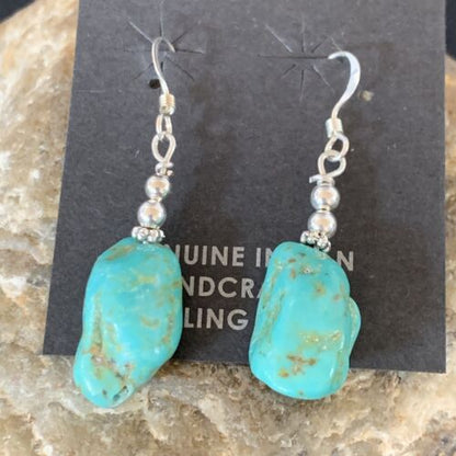 Navajo Turquoise Bead Nugget Earrings | Sterling Silver Pearls | 1" | Authentic Native American Handmade | 12896