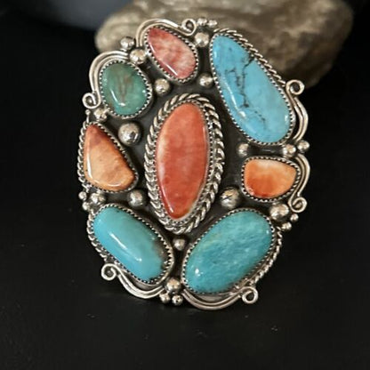 Men's Kingman Turquoise & Spiny Oyster Cluster Cuff Bracelet | Sterling Silver | Native American Handmade | 14595