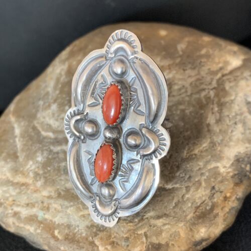Navajo Orange Spiny Oyster Multi-Stone Ring | Authentic Native American Sterling Silver | Multi-Stone | Sz 8.5 | 13718