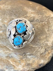 Navajo Blue Kingman Turquoise Feather Ring | Authentic Native American Sterling Silver | Multi-Stone | Sz 11.5 | 12220