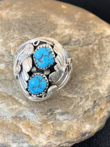 Men's Feather Navajo Sterling Silver 2S Blue Kingman Turquoise Ring 11.5 12220