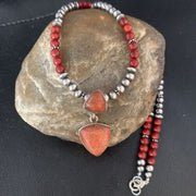 Navajo Red Apple Coral and Multi-Stone Bead Necklace Pendant | Sterling Silver | Native American Handmade | 13415