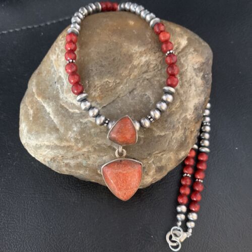 Navajo Red Apple Coral and Multi-Stone Bead Necklace Pendant | Sterling Silver | Native American Handmade | 13415