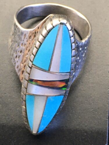 Navajo Multi-Color Opal & Turquoise Inlay Ring | Sterling Silver | Sz 8 | Authentic Native American Handmade | 01593