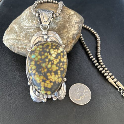 Navajo Green Spiderweb Turquoise Pendant Necklace | Sterling Silver Beads | Authentic Native American Handmade | 14806
