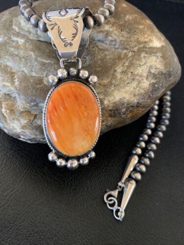 Navajo Orange Spiny Oyster Pendant Necklace | Sterling Silver | Authentic Native American Handmade | 13082