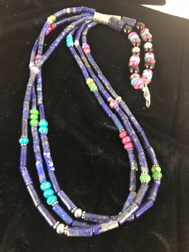 Navajo Denim Lapis Multi Strand Necklace | Sterling Silver | 22" | Authentic Native American Handmade | 3342 - Masha USA